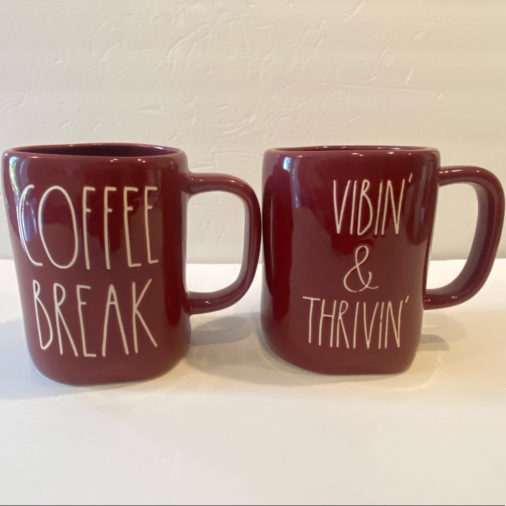 Rae Dunn COFFEE BREAK and VIBIN’ THRIVIN’ Burgundy Mug Coffee Tea Cocoa Fall HTF
